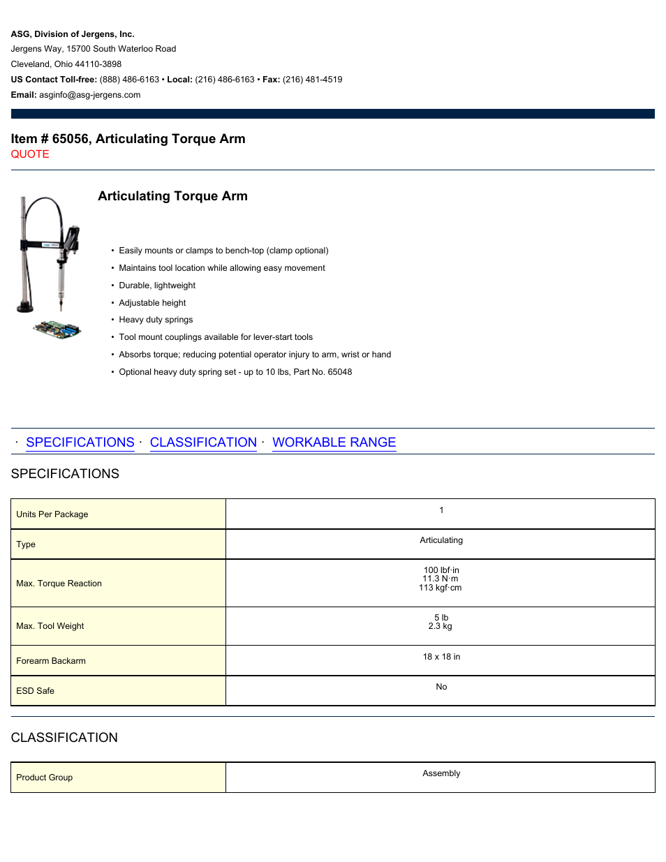 ASG Jergens 65056 Articulating Torque Arm User Manual | 2 pages