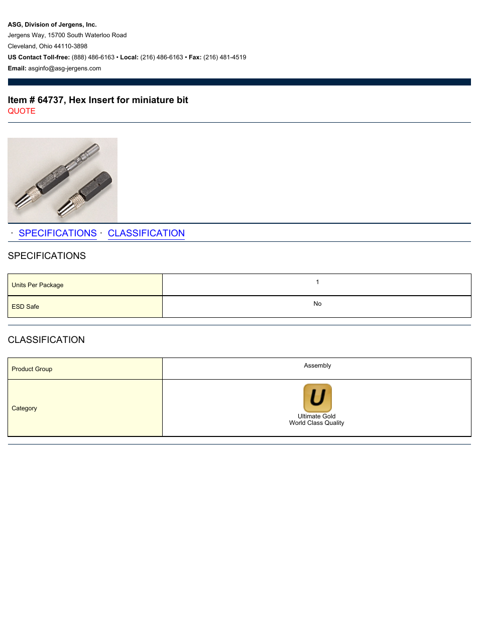 ASG Jergens 64737 Hex Insert for miniature bit User Manual | 1 page