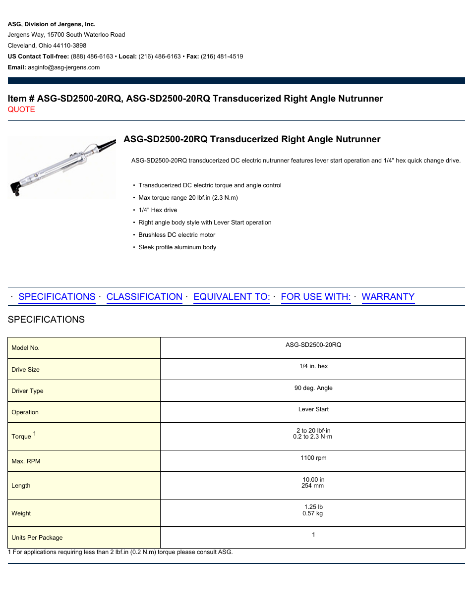 ASG Jergens ASG-SD2500-20RQ User Manual | 2 pages