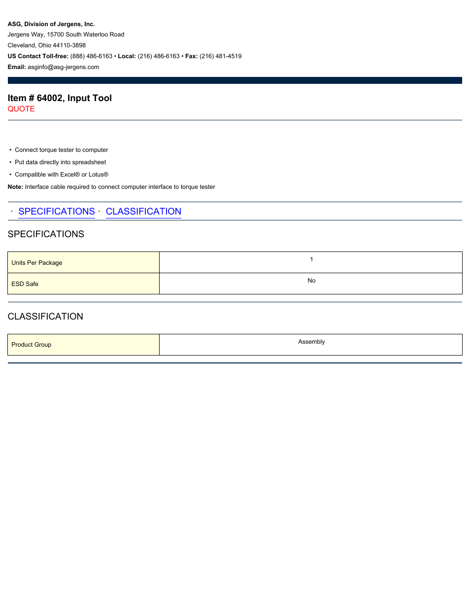 ASG Jergens 64002 Input Tool User Manual | 1 page