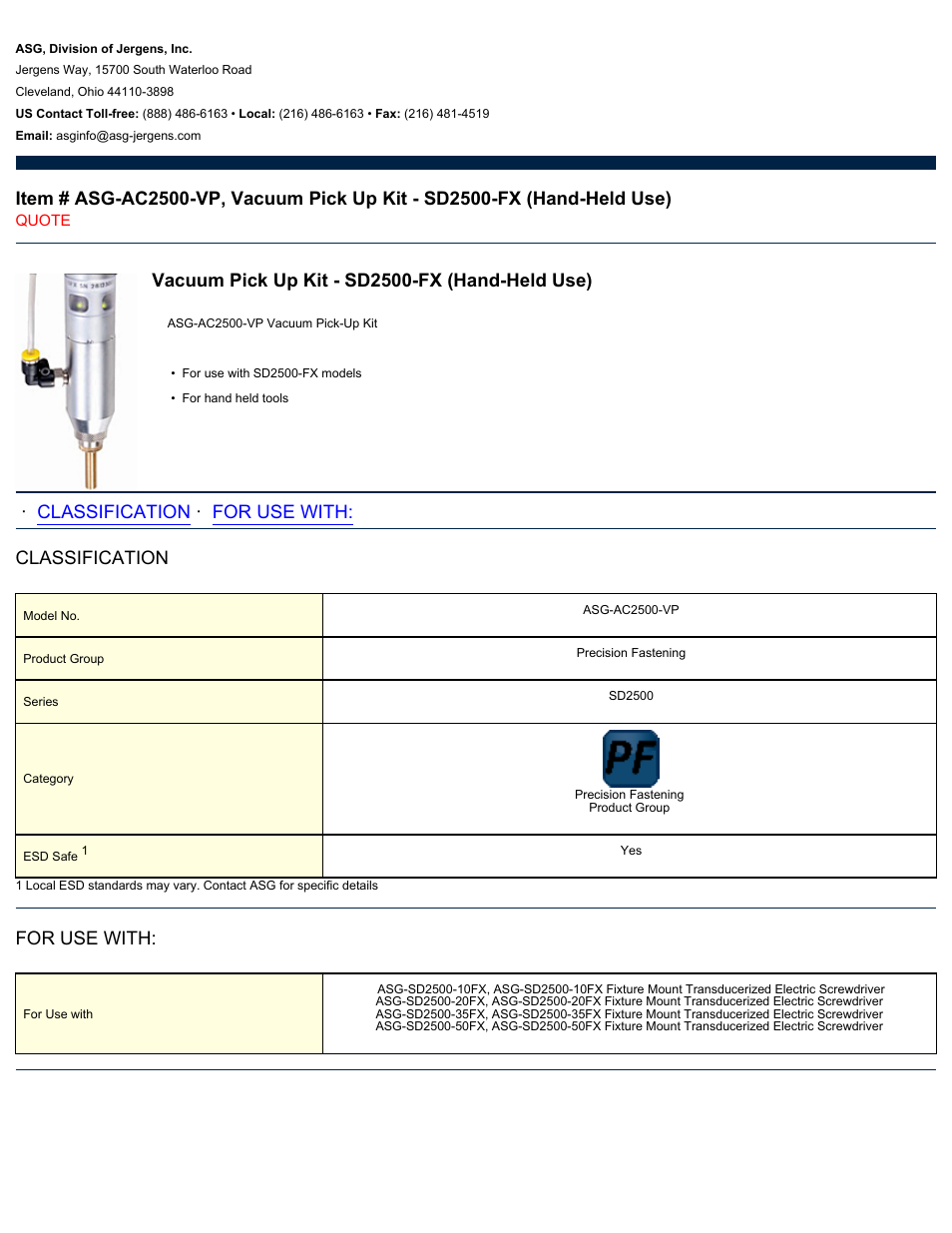 ASG Jergens ASG-AC2500-VP Vacuum Pick Up Kit - SD2500-FX User Manual | 1 page