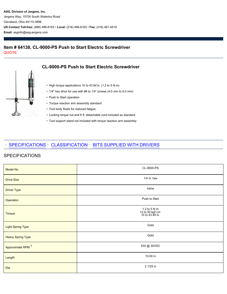 ASG Jergens 64138 CL-9000-PS User Manual | 2 pages