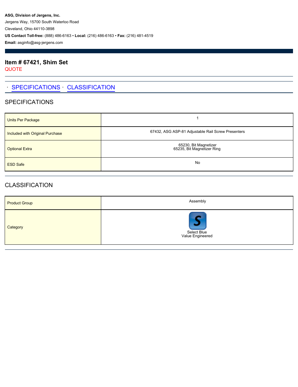 ASG Jergens 67421 Shim Set User Manual | 1 page