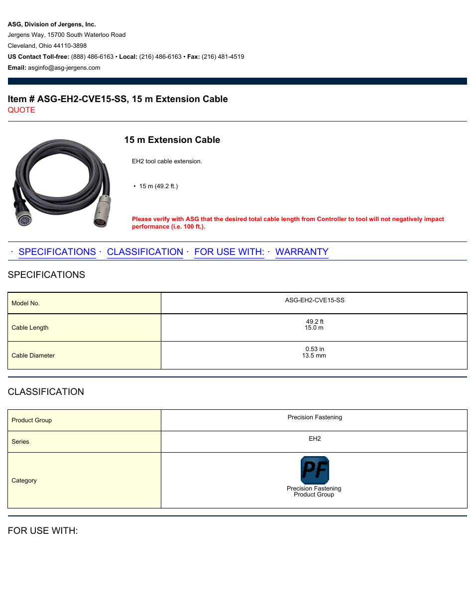 ASG Jergens ASG-EH2-CVE15-SS 15 m Extension Cable User Manual | 2 pages