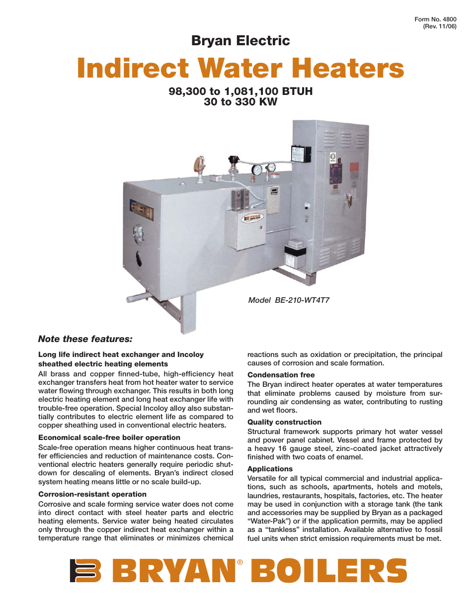 Bryan Boilers BE-210-WT4T7 User Manual | 2 pages