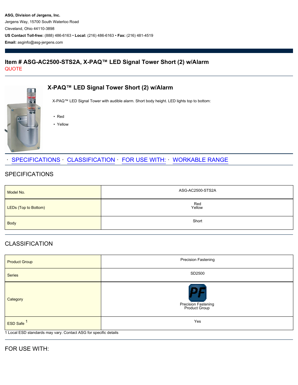ASG Jergens ASG-AC2500-STS2A LED Signal Tower Short User Manual | 2 pages