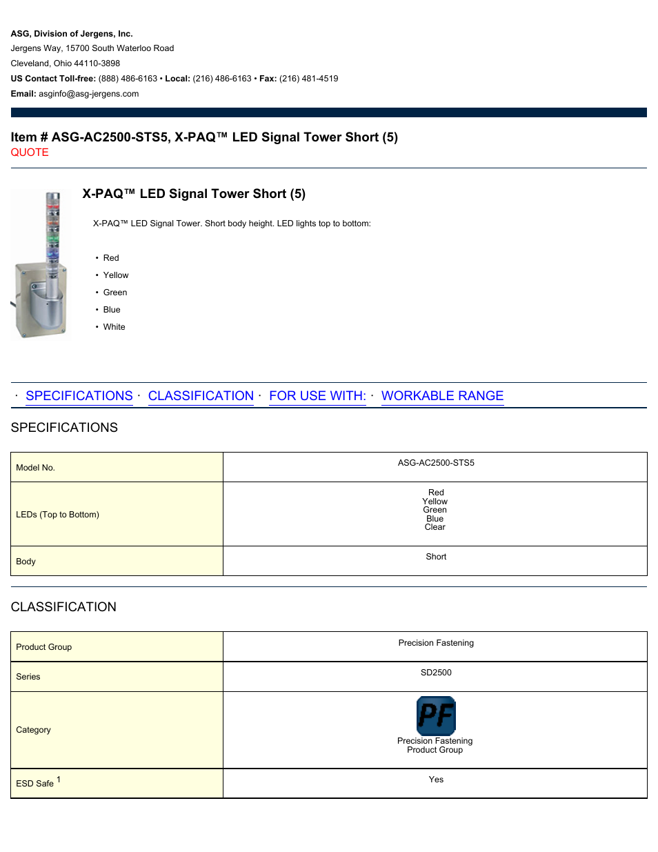 ASG Jergens ASG-AC2500-STS5 LED Signal Tower Short User Manual | 2 pages