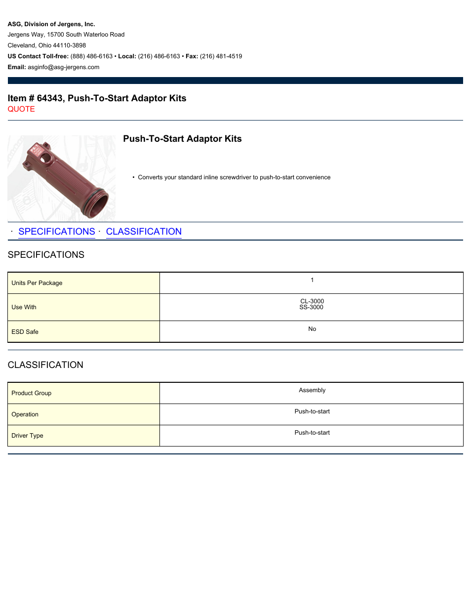 ASG Jergens 64343 Push-To-Start Adaptor Kits User Manual | 1 page