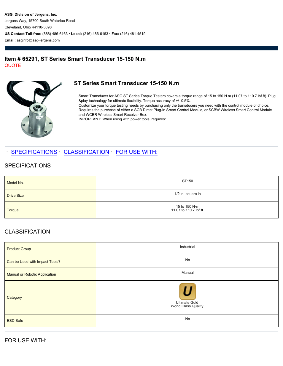 ASG Jergens 65291 ST Series Smart Transducer 15-150 N.m User Manual | 2 pages