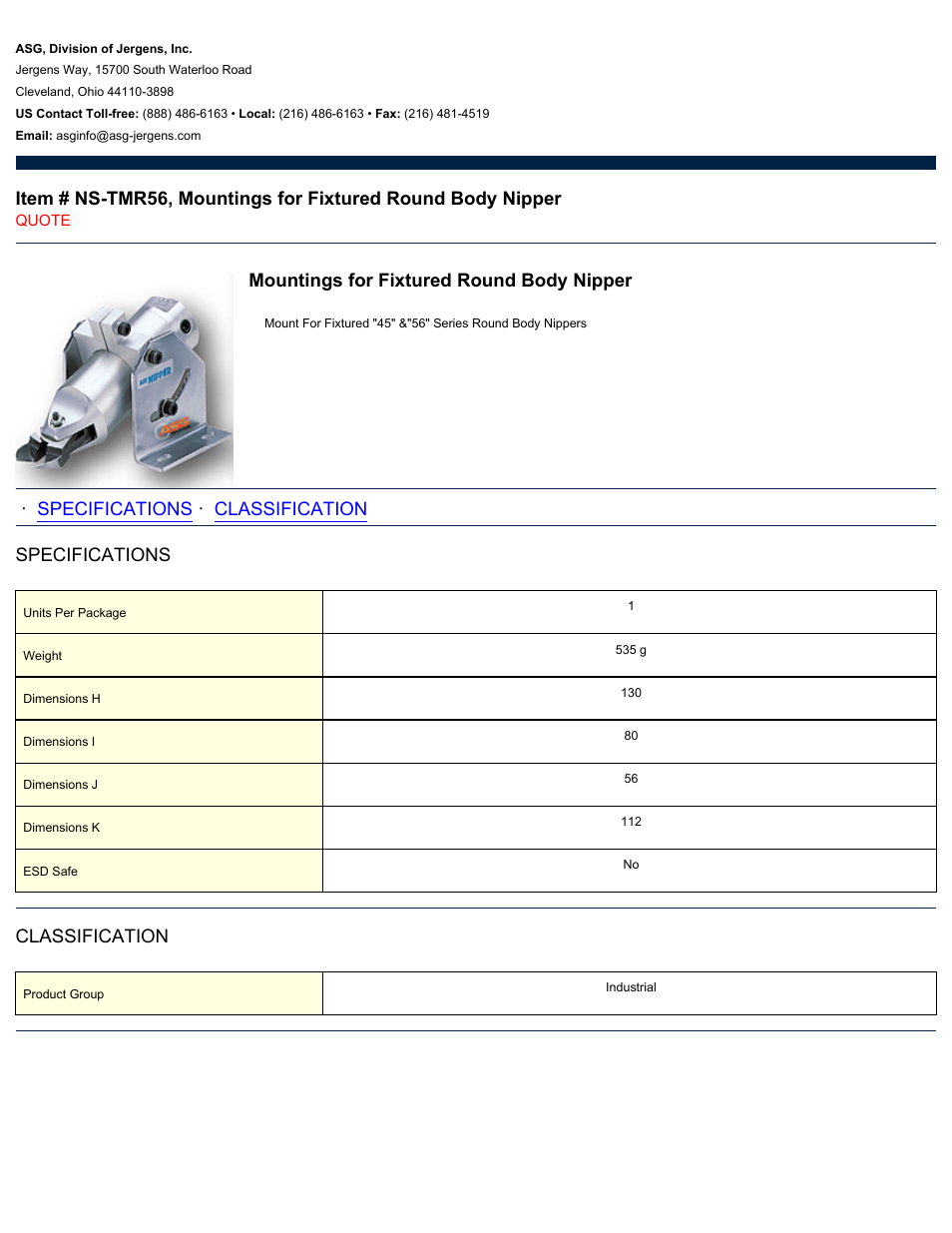ASG Jergens NS-TMR56 Mountings for Fixtured Round Body Nipper User Manual | 1 page