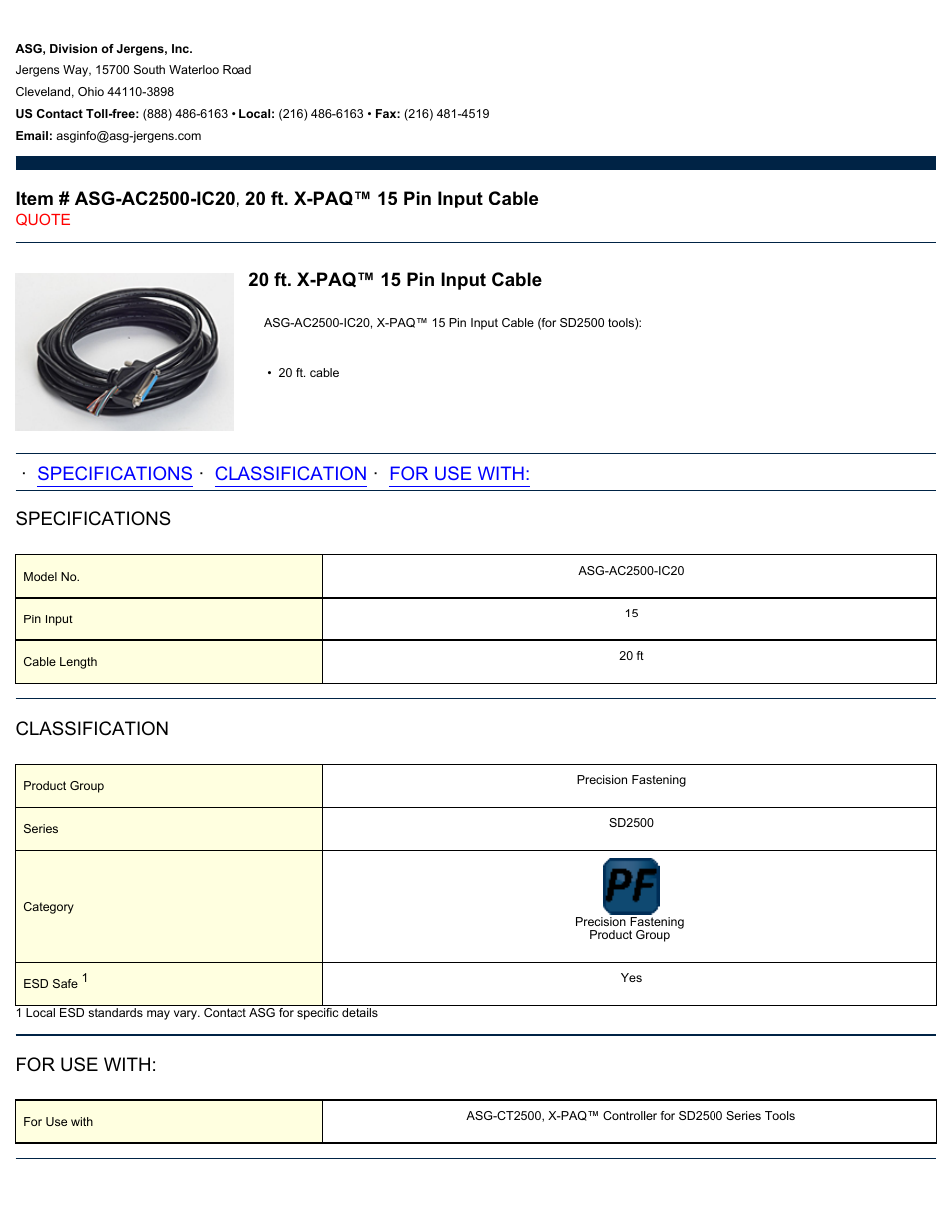 ASG Jergens ASG-AC2500-IC20 15 Pin Input Cable User Manual | 1 page