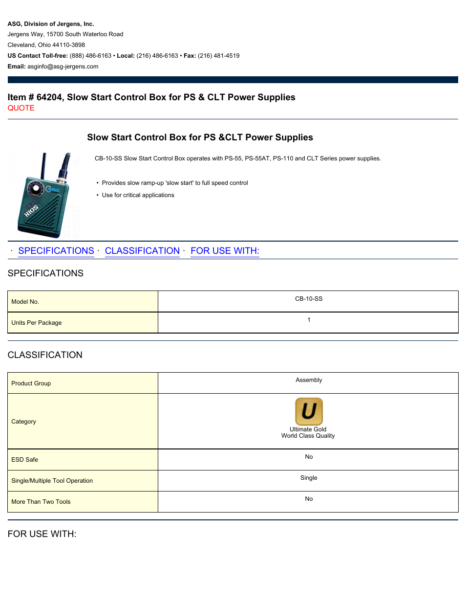 ASG Jergens 64204 CB-10-SS Slow Start Control Box for PS & CLT Power Supplies User Manual | 2 pages