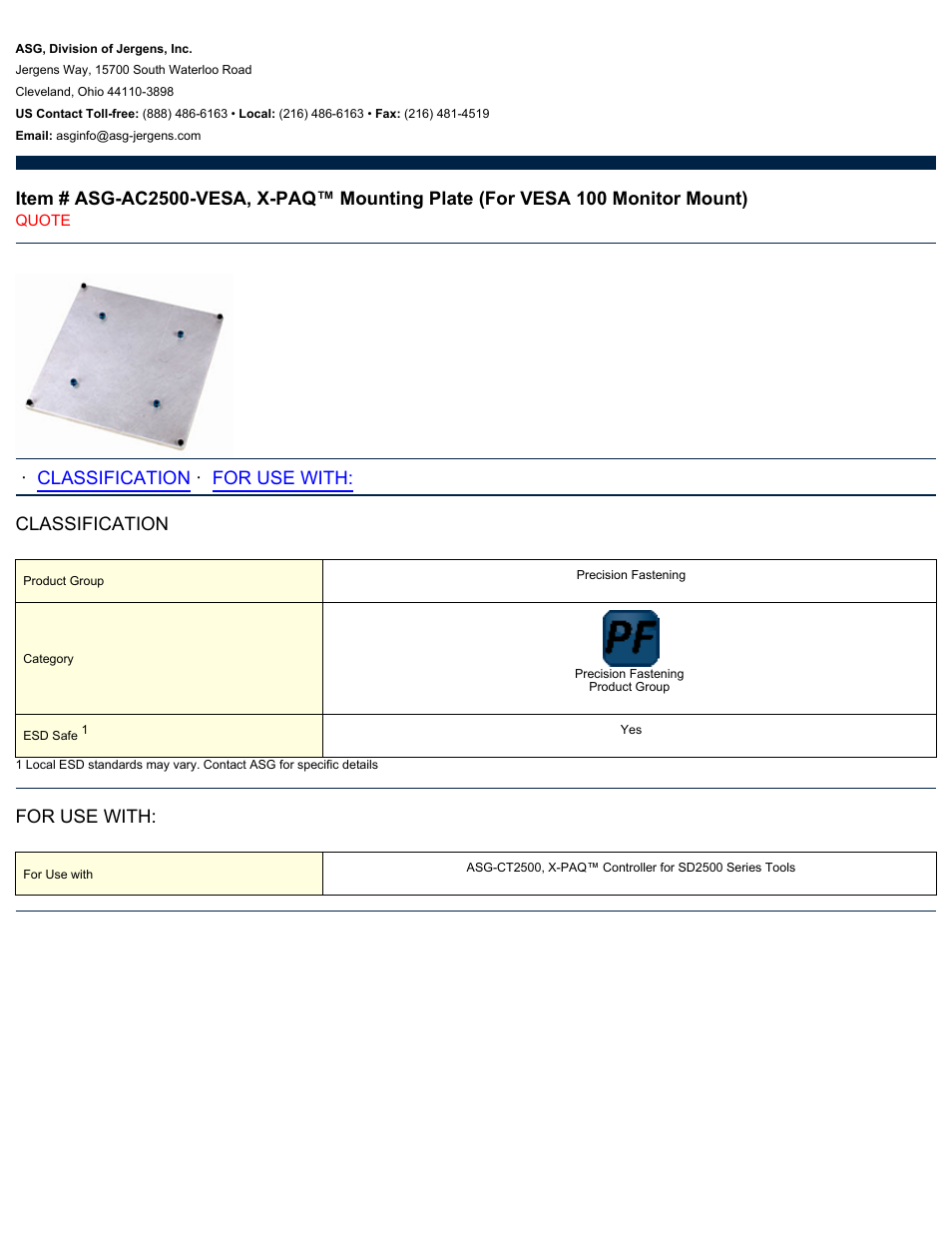 ASG Jergens ASG-AC2500-VESA Mounting Plate User Manual | 1 page