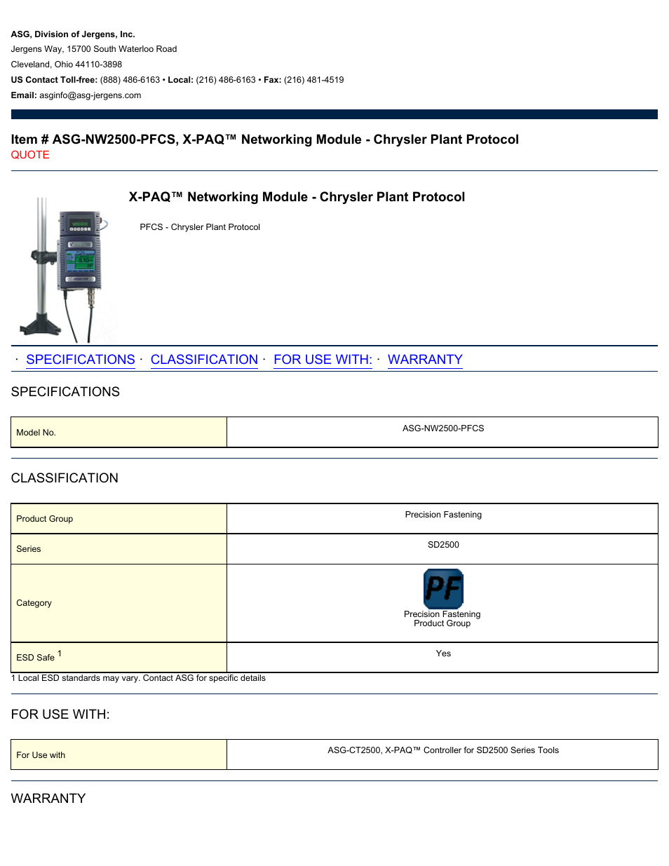 ASG Jergens ASG-NW2500-PFCS Networking Module - Chrysler Plant Protocol User Manual | 2 pages