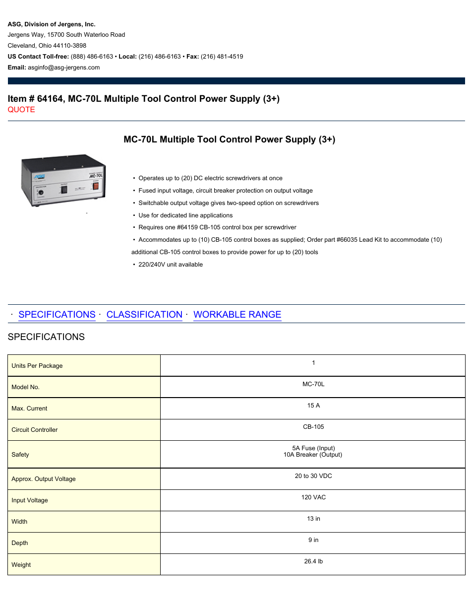 ASG Jergens 64164 MC-70L Multiple Tool Control Power Supply (3+) User Manual | 2 pages