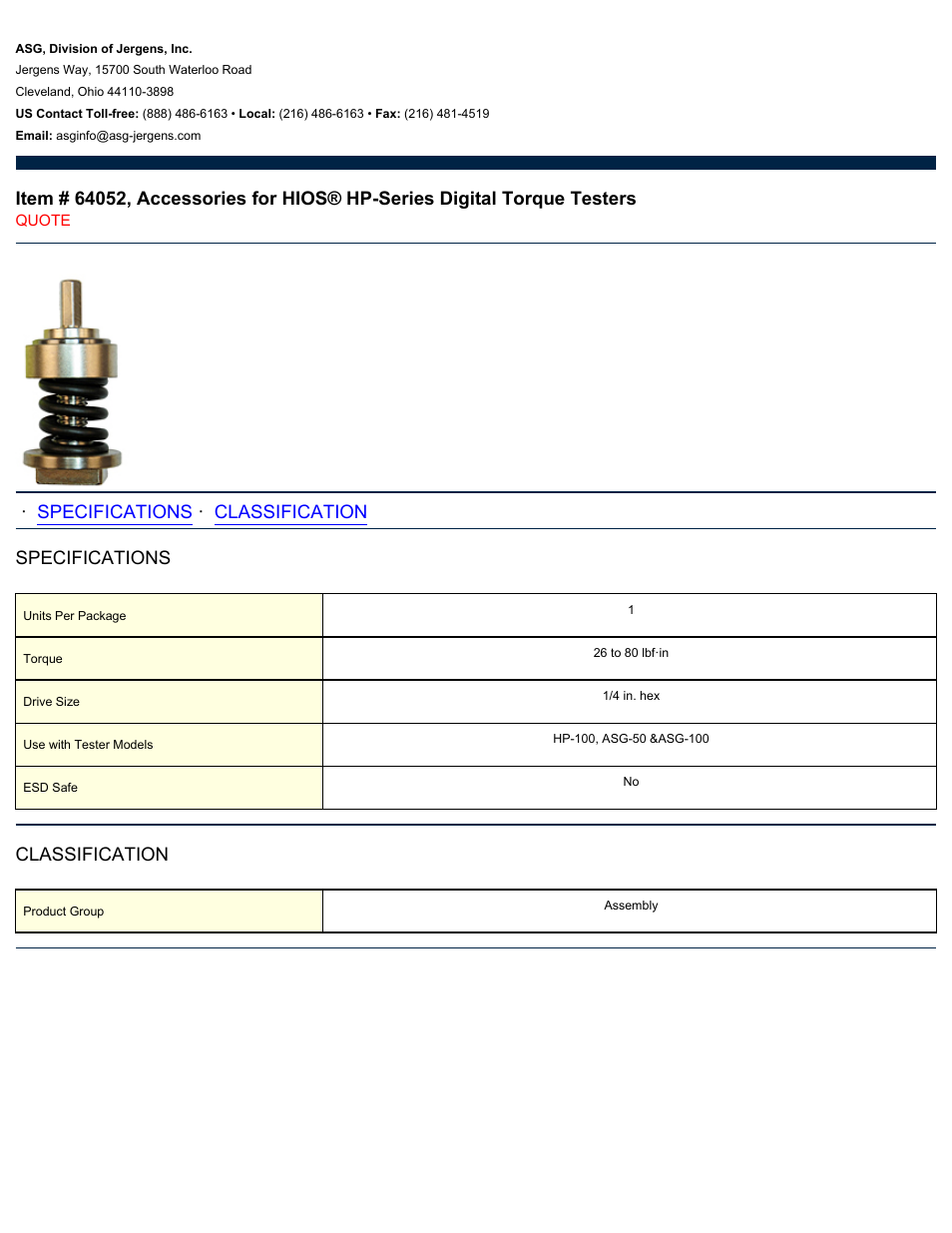 ASG Jergens 64052 Accessories for HIOS HP-Series User Manual | 1 page