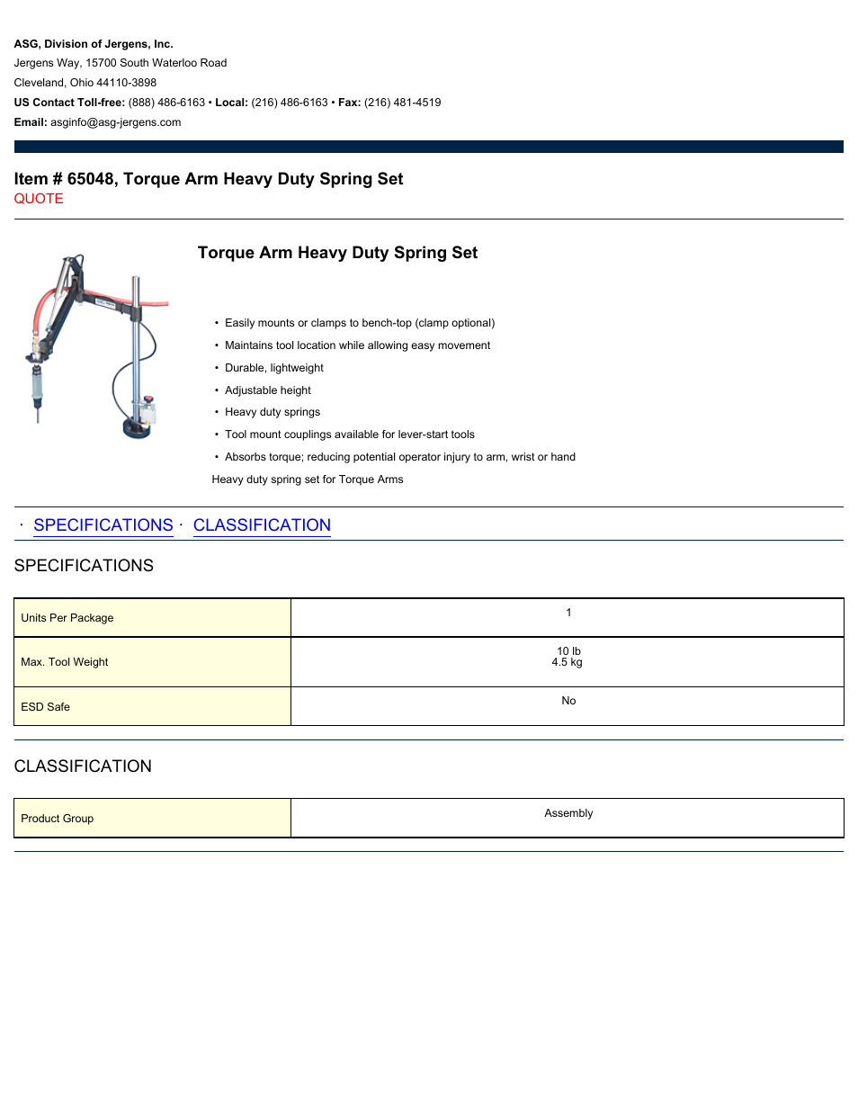 ASG Jergens 65048 Torque Arm Heavy Duty Spring Set User Manual | 1 page