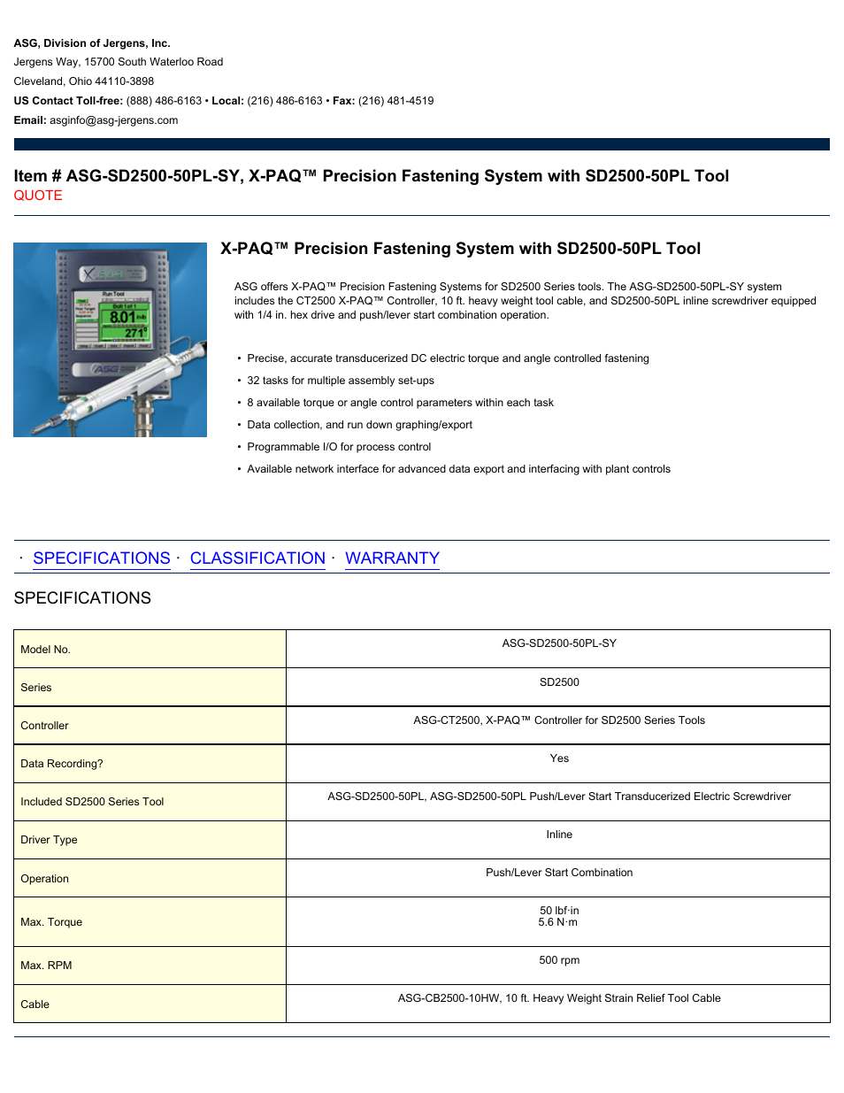 ASG Jergens ASG-SD2500-50PL-SY User Manual | 2 pages