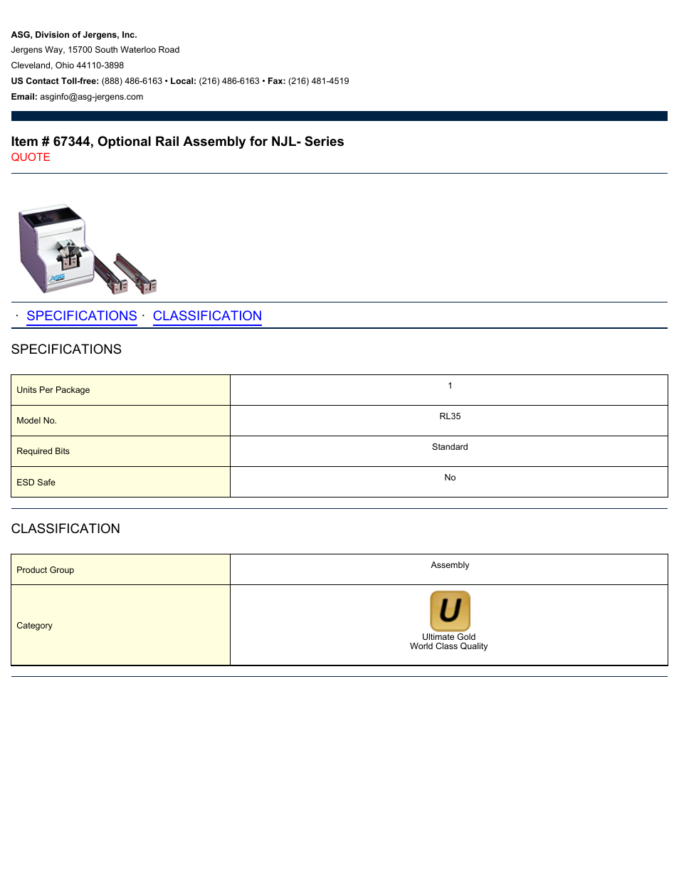 ASG Jergens 67344 Optional Rail Assembly for NJL- Series User Manual | 1 page