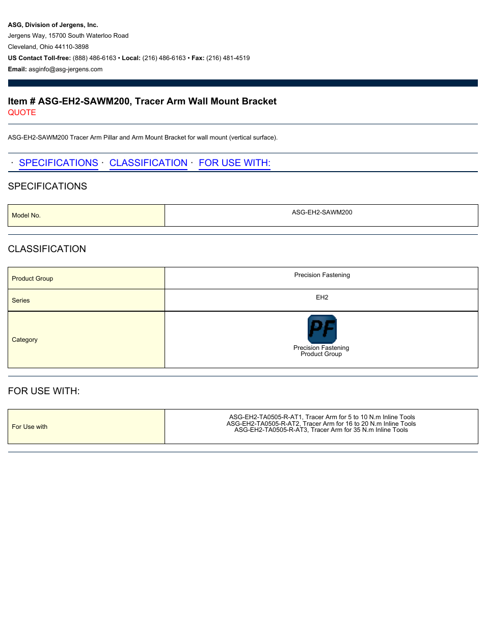 ASG Jergens ASG-EH2-SAWM200 Tracer Arm Wall Mount Bracket User Manual | 1 page