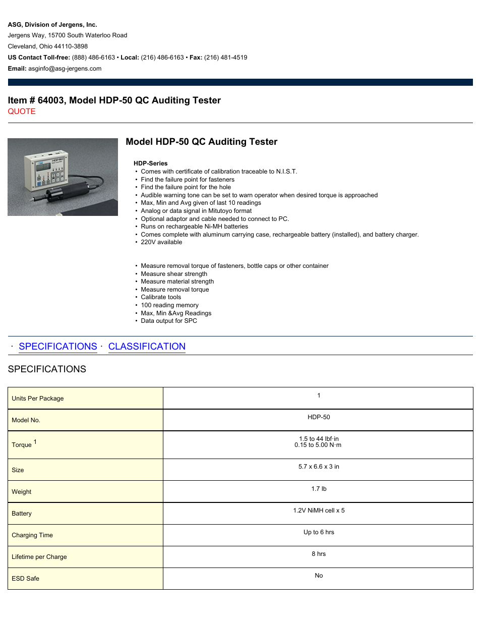 ASG Jergens 64003 HDP-50 User Manual | 2 pages