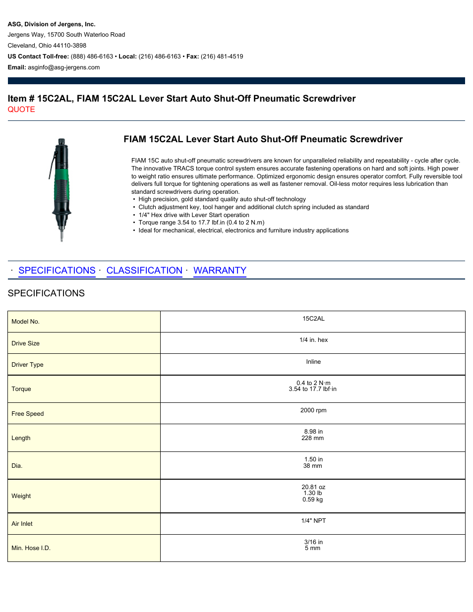 ASG Jergens 15C2AL User Manual | 2 pages