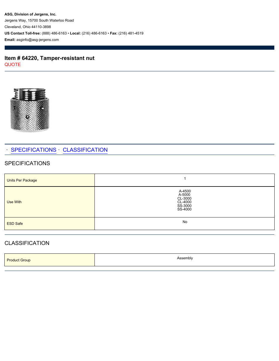 ASG Jergens 64220 Tamper-resistant nut User Manual | 1 page