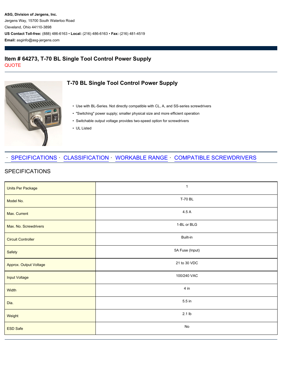 ASG Jergens 64273 T-70 BL Single Tool Control Power Supply User Manual | 2 pages