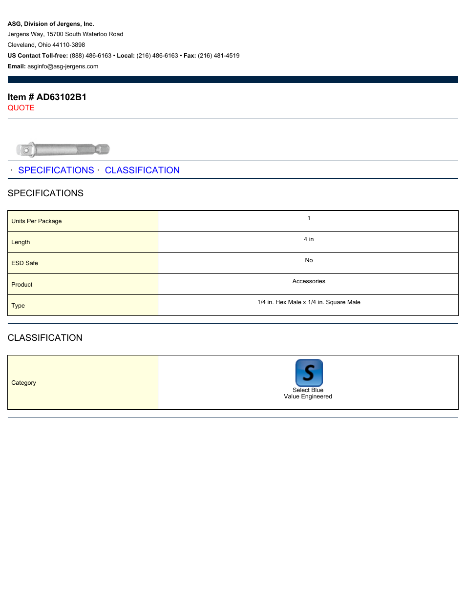 ASG Jergens AD63102B1 Socket Adapter User Manual | 1 page