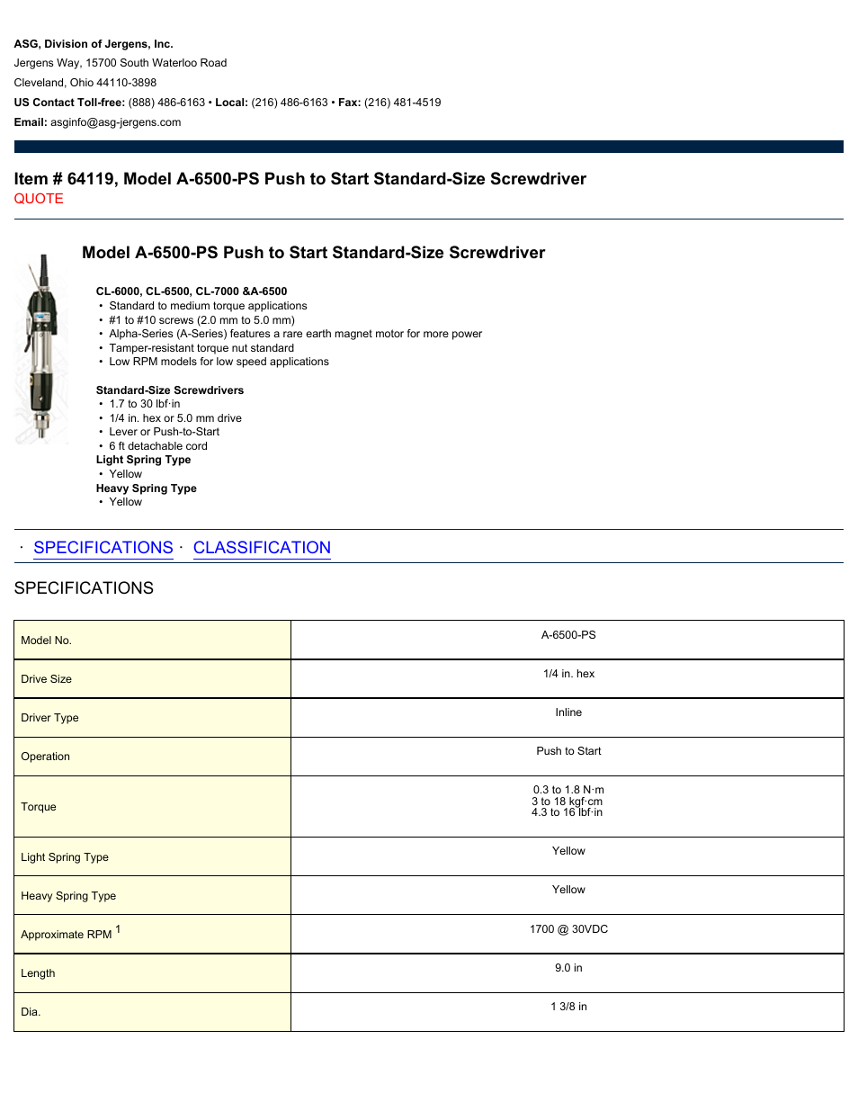 ASG Jergens 64119 A-6500-PS User Manual | 2 pages