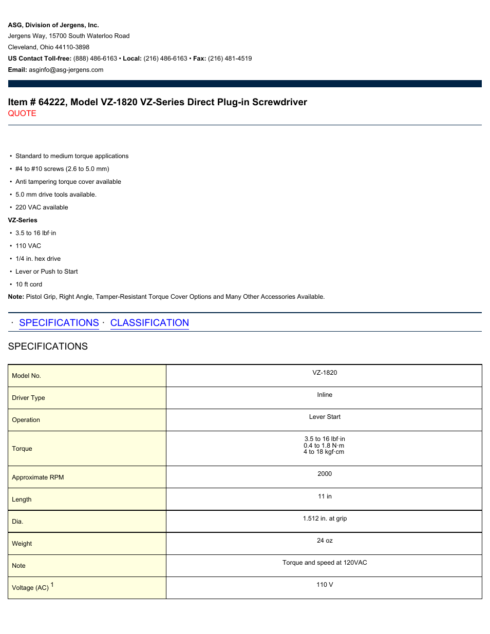ASG Jergens 64222 VZ-1820 User Manual | 2 pages