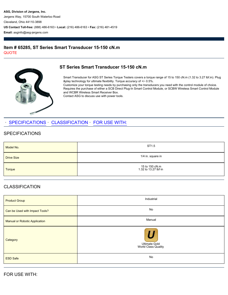 ASG Jergens 65285 ST Series Smart Transducer 15-150 cN.m User Manual | 2 pages