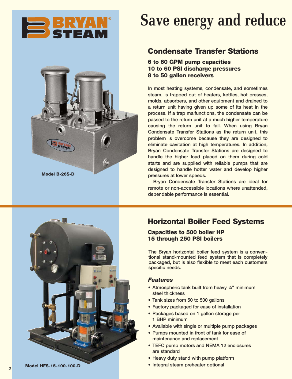 Save energy and reduce, Condensate transfer stations, Horizontal boiler feed systems | Bryan Boilers HFS-15-100-100-D User Manual | Page 2 / 8