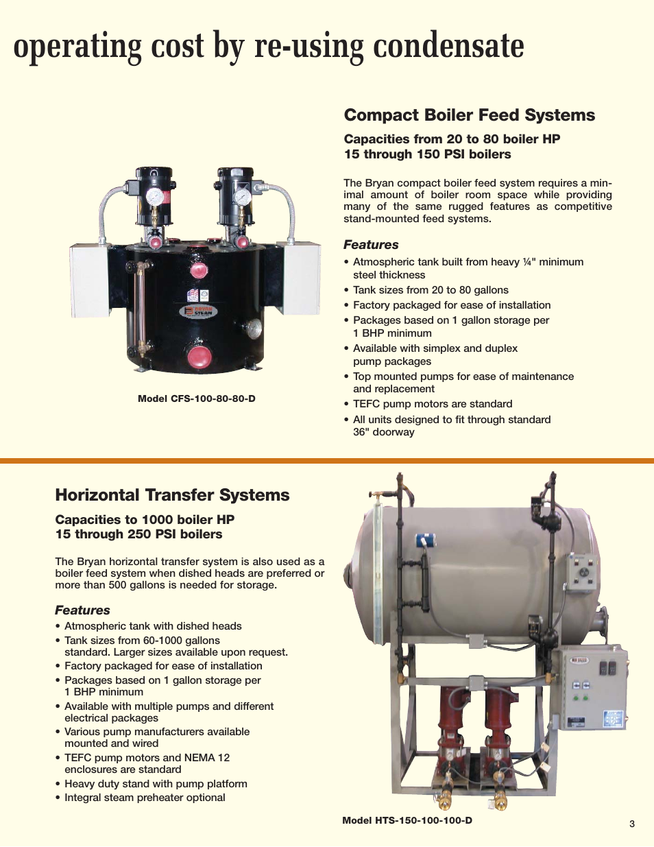 Operating cost by re-using condensate, Horizontal transfer systems, Compact boiler feed systems | Bryan Boilers HFS-15-100-100-D User Manual | Page 3 / 8