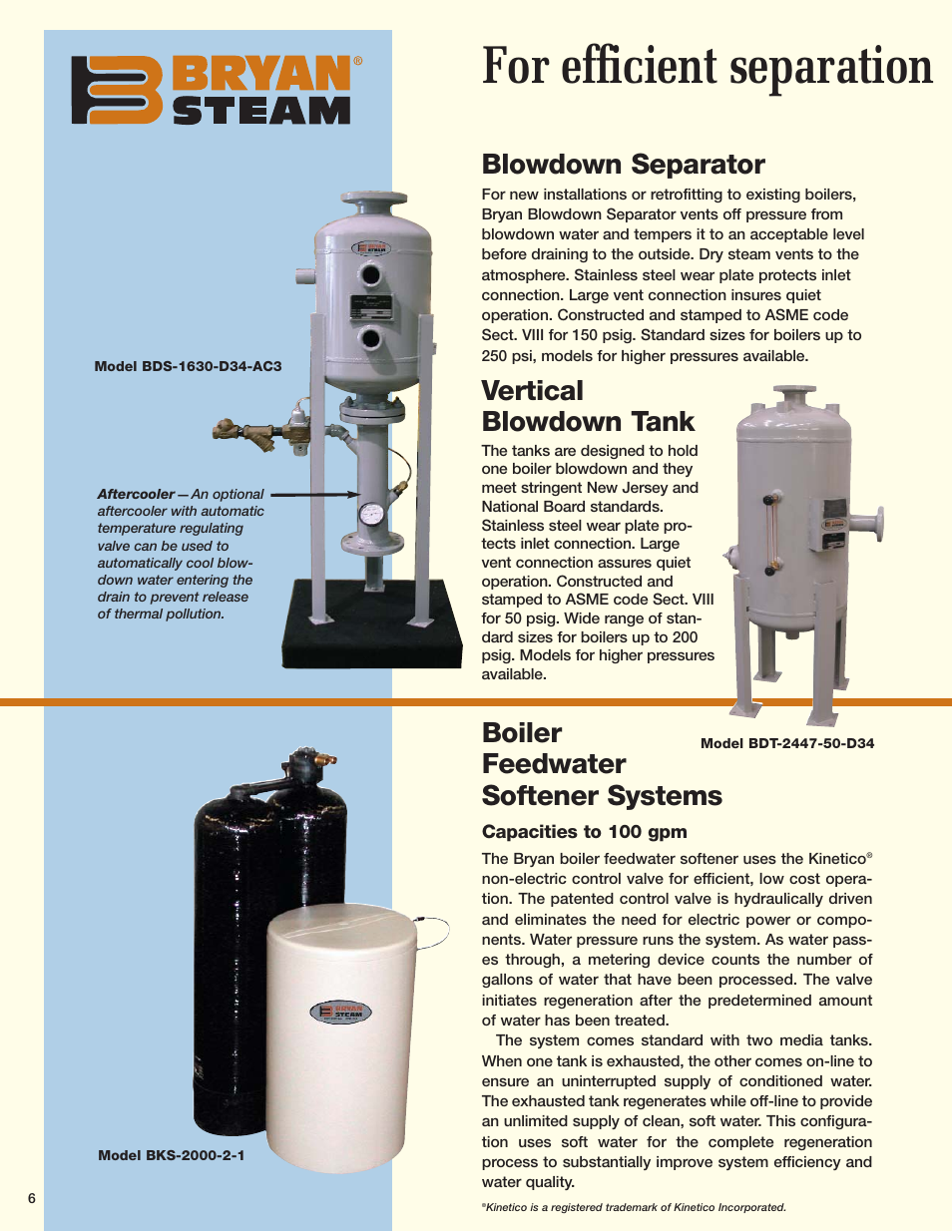 For efficient separation, Boiler feedwater softener systems, Vertical blowdown tank | Blowdown separator | Bryan Boilers HFS-15-100-100-D User Manual | Page 6 / 8