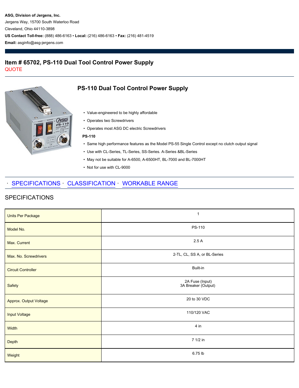 ASG Jergens 65702 PS-110 Dual Tool Control Power Supply User Manual | 2 pages