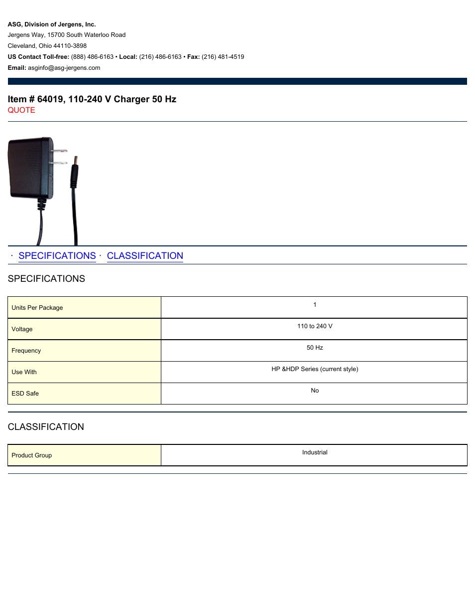 ASG Jergens 64019 110-240 V Charger 50 Hz User Manual | 1 page