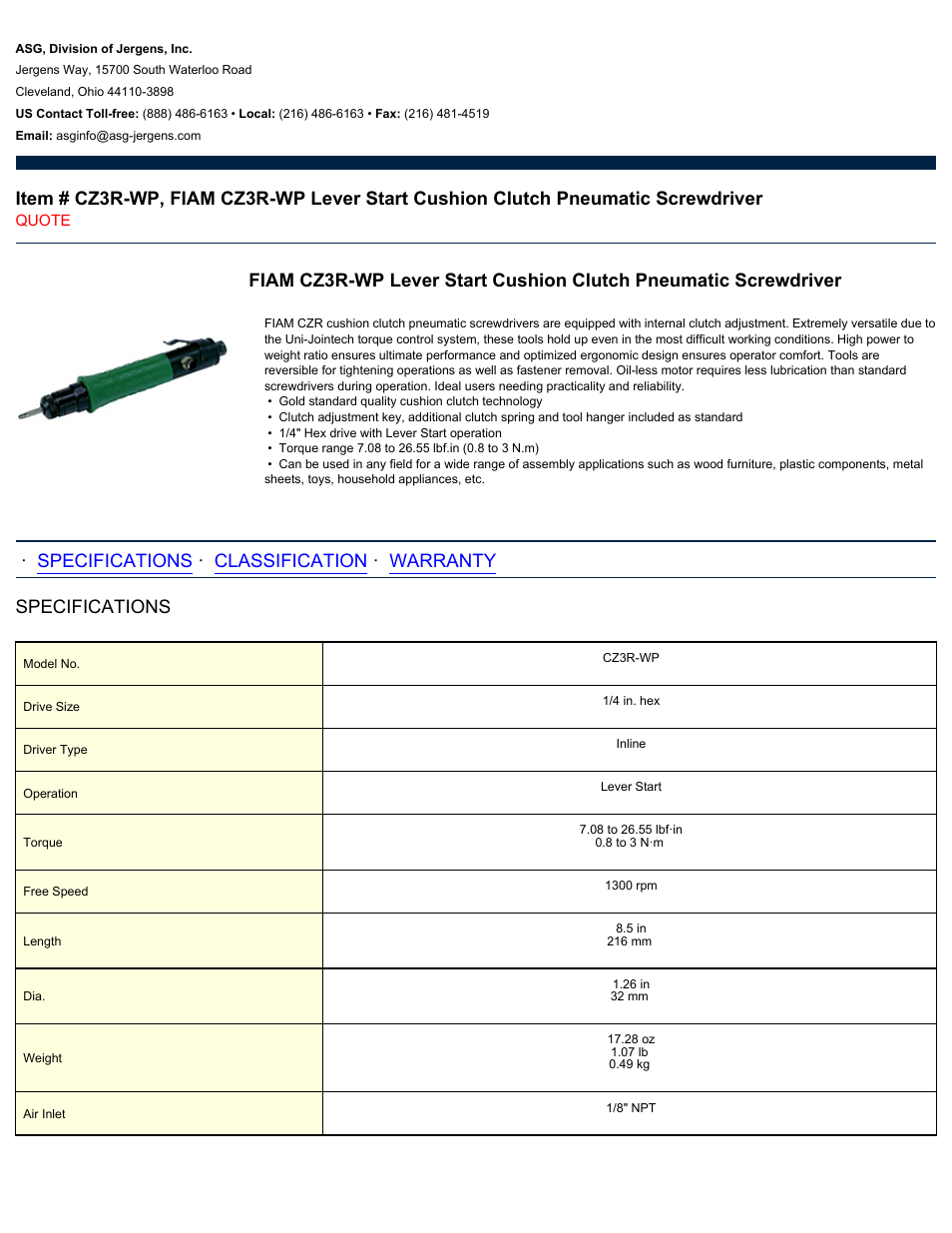 ASG Jergens CZ3R-WP User Manual | 2 pages