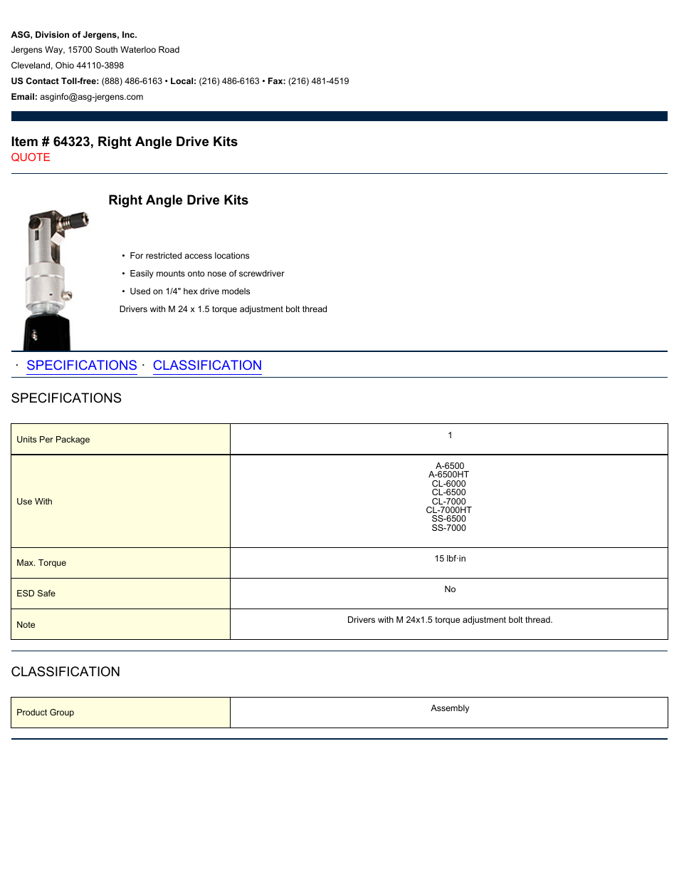 ASG Jergens 64323 Right Angle Drive Kits User Manual | 1 page