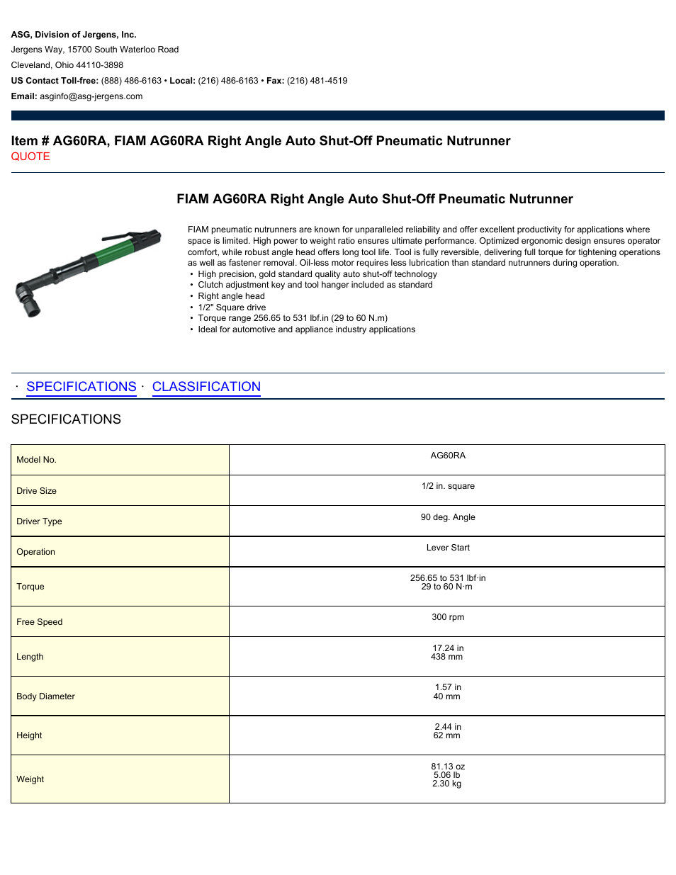 ASG Jergens AG60RA User Manual | 2 pages