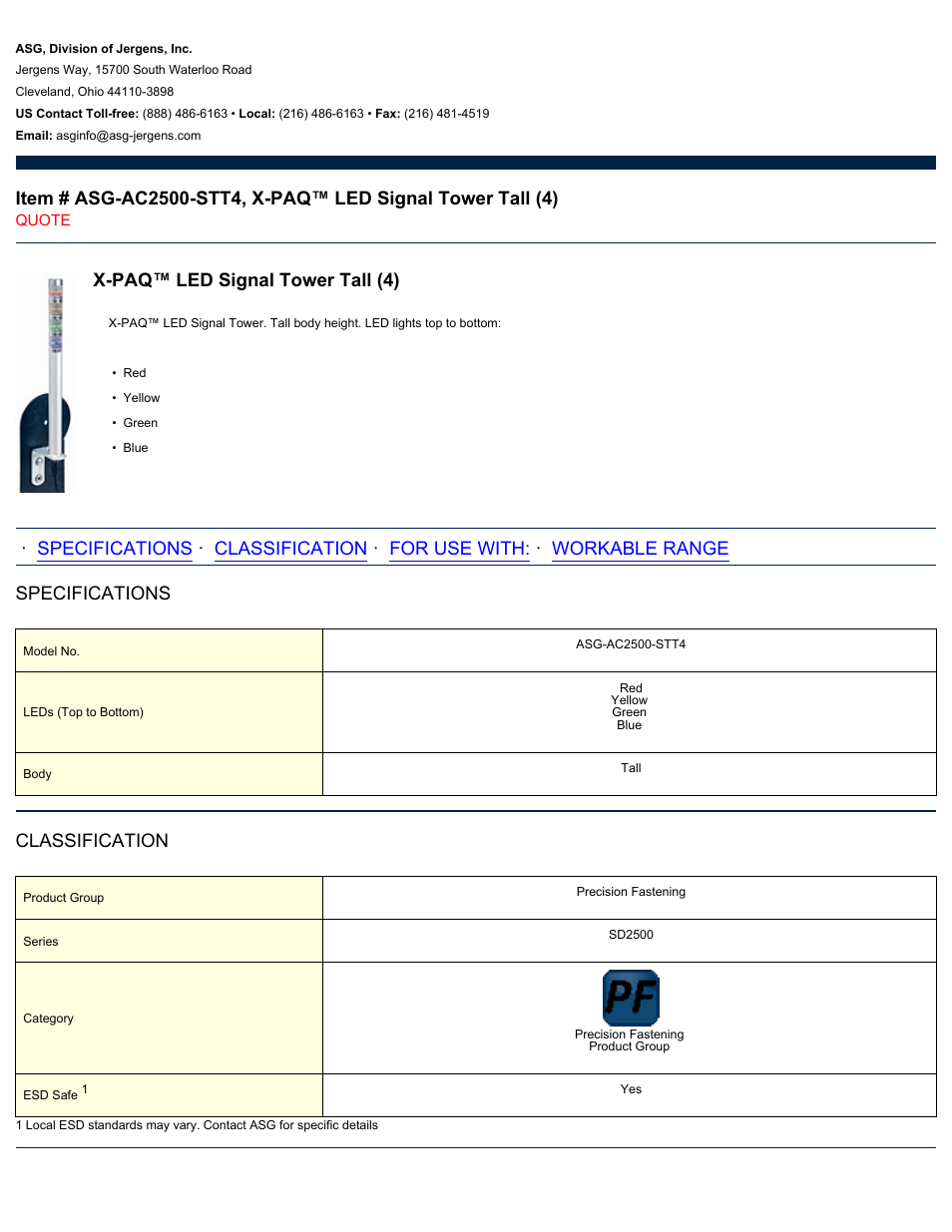 ASG Jergens ASG-AC2500-STT4 LED Signal Tower Tall User Manual | 2 pages
