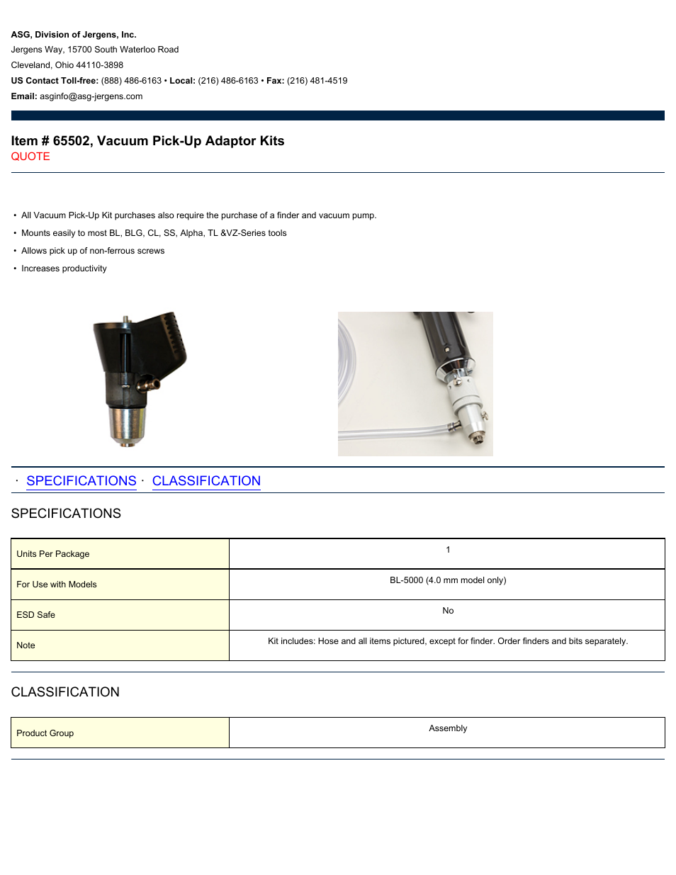 ASG Jergens 65502 Vacuum Pick-Up Adaptor Kits User Manual | 1 page