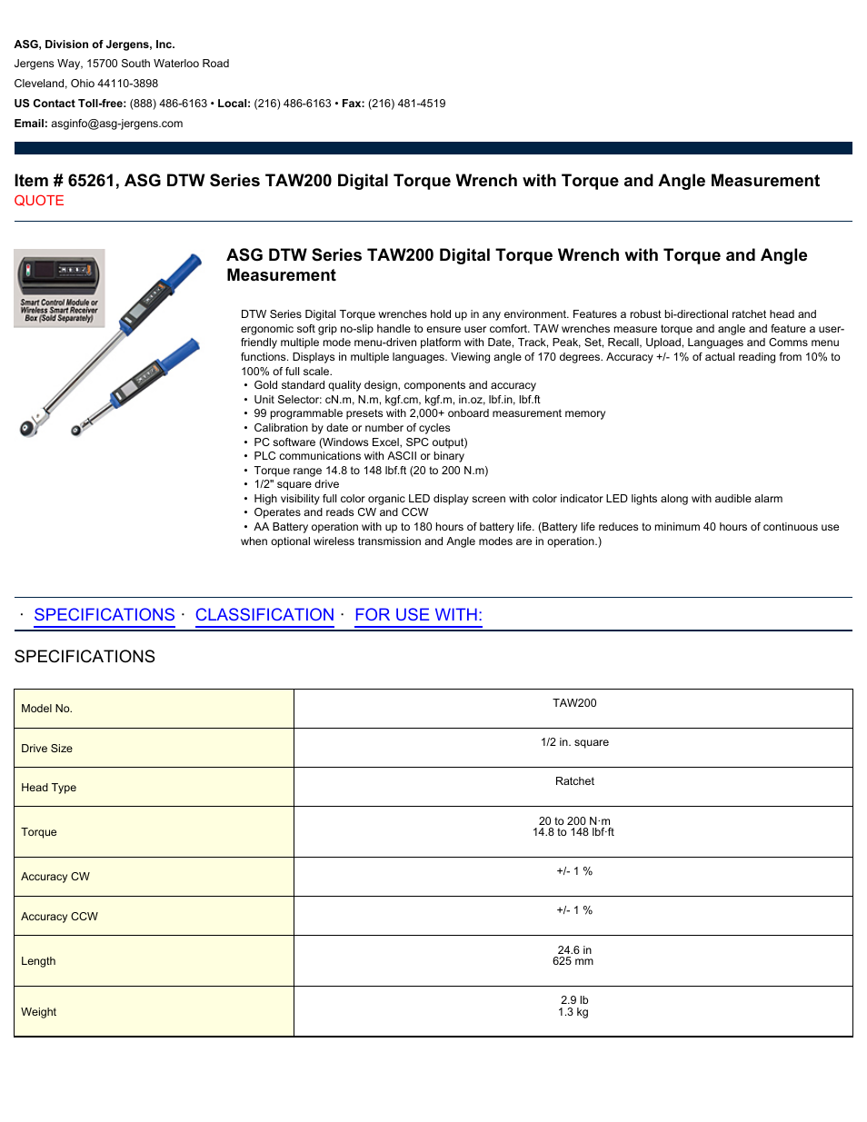 ASG Jergens 65261 TAW200 User Manual | 2 pages