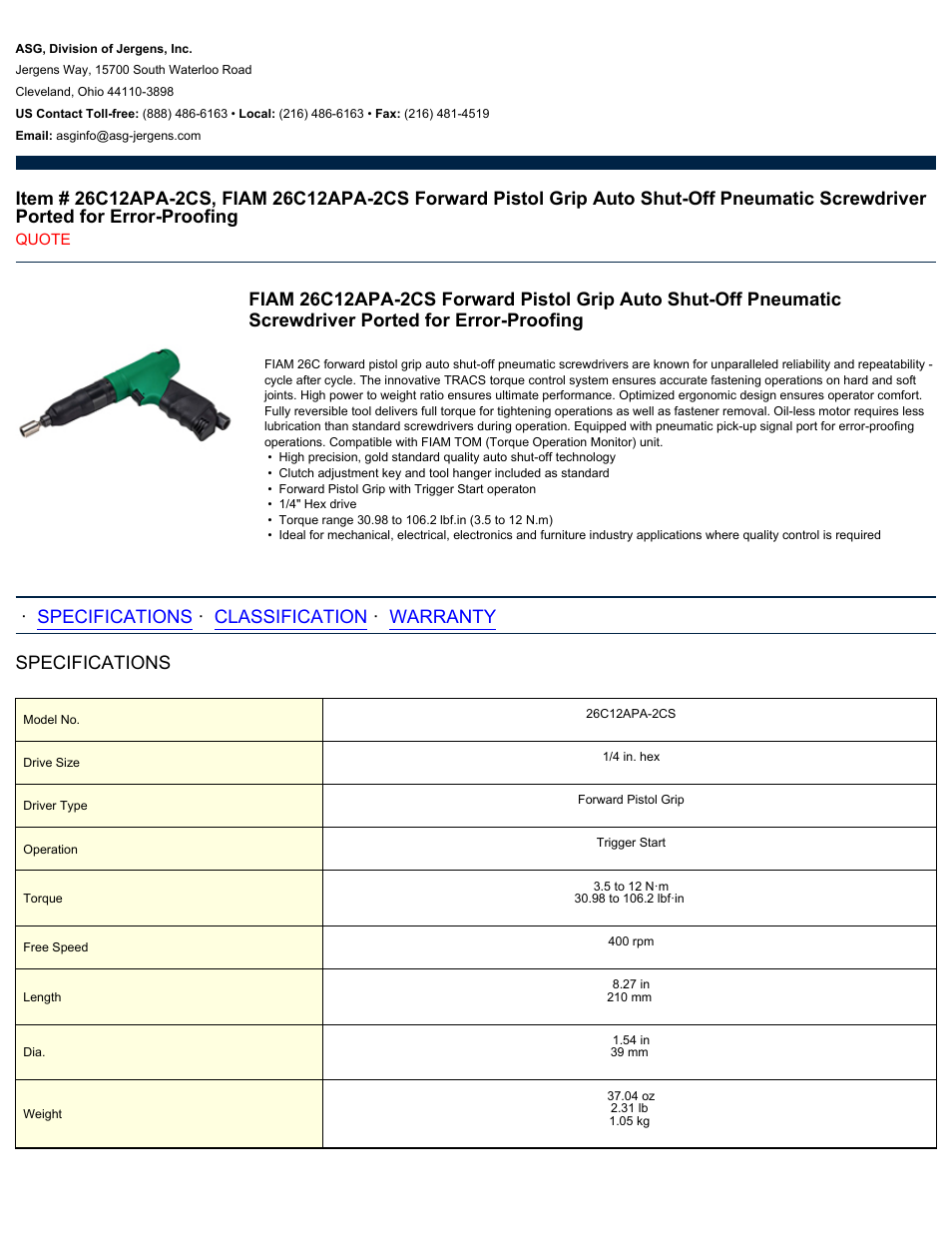 ASG Jergens 26C12APA-2CS User Manual | 2 pages