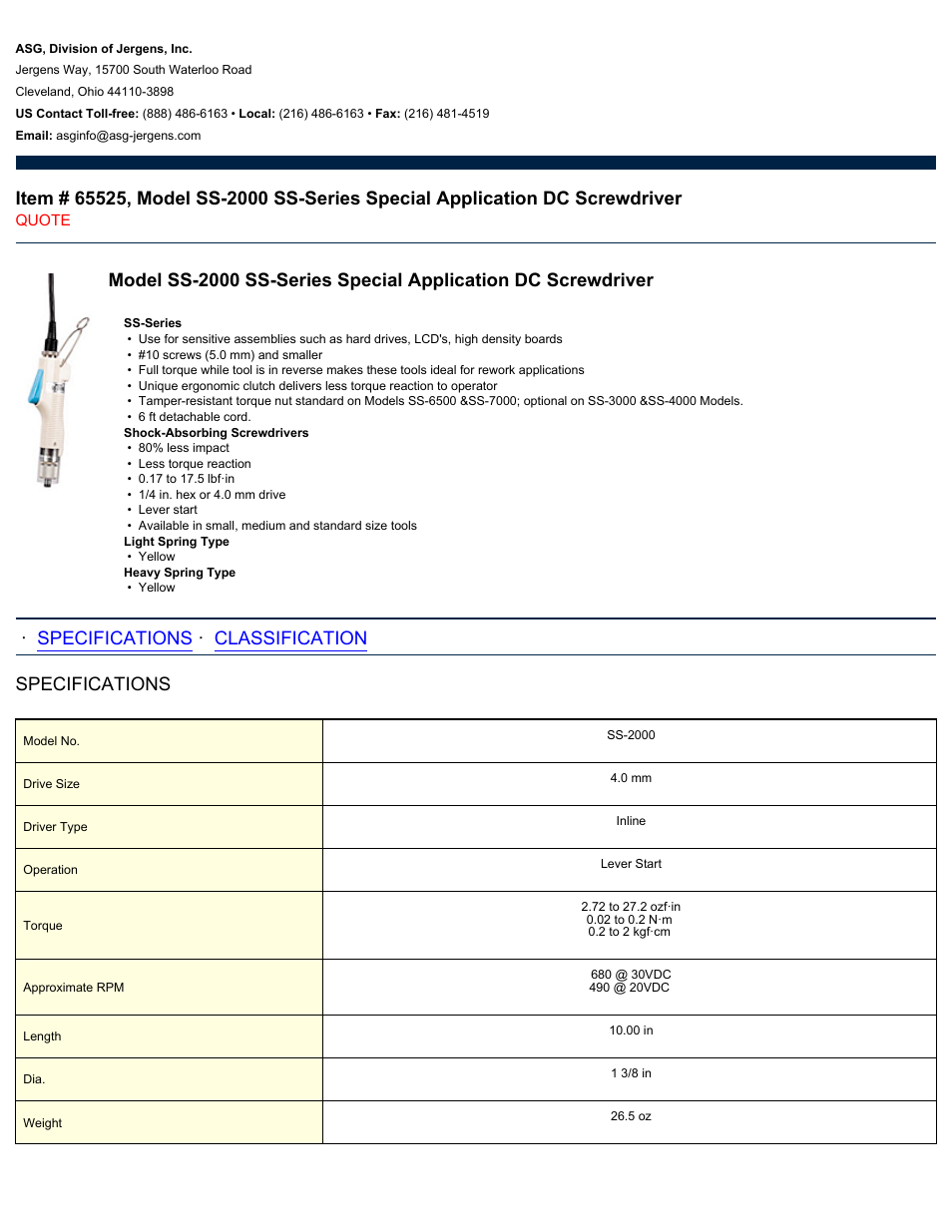 ASG Jergens 65525 SS-2000 User Manual | 2 pages