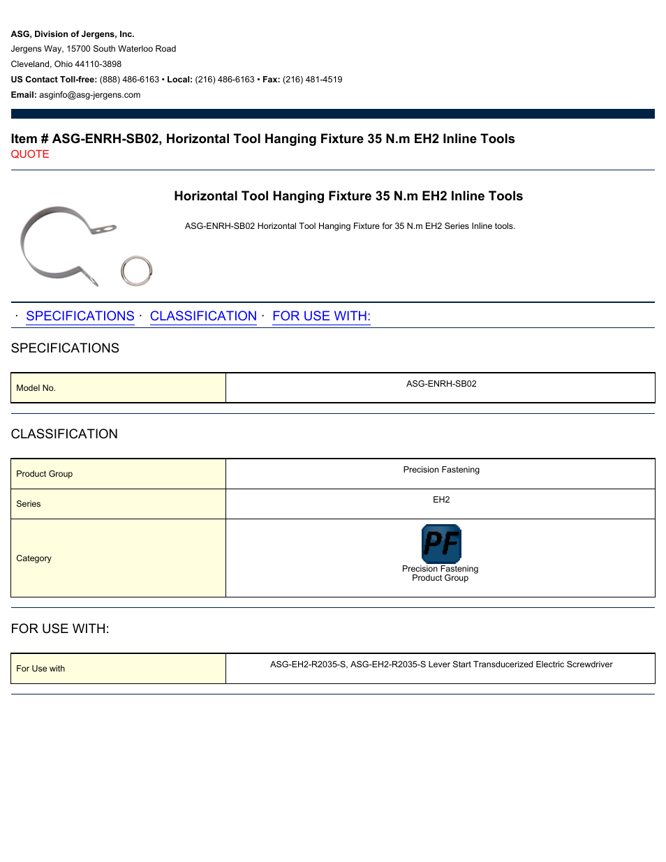 ASG Jergens ASG-ENRH-SB02 Horizontal Tool Hanging Fixture User Manual | 1 page