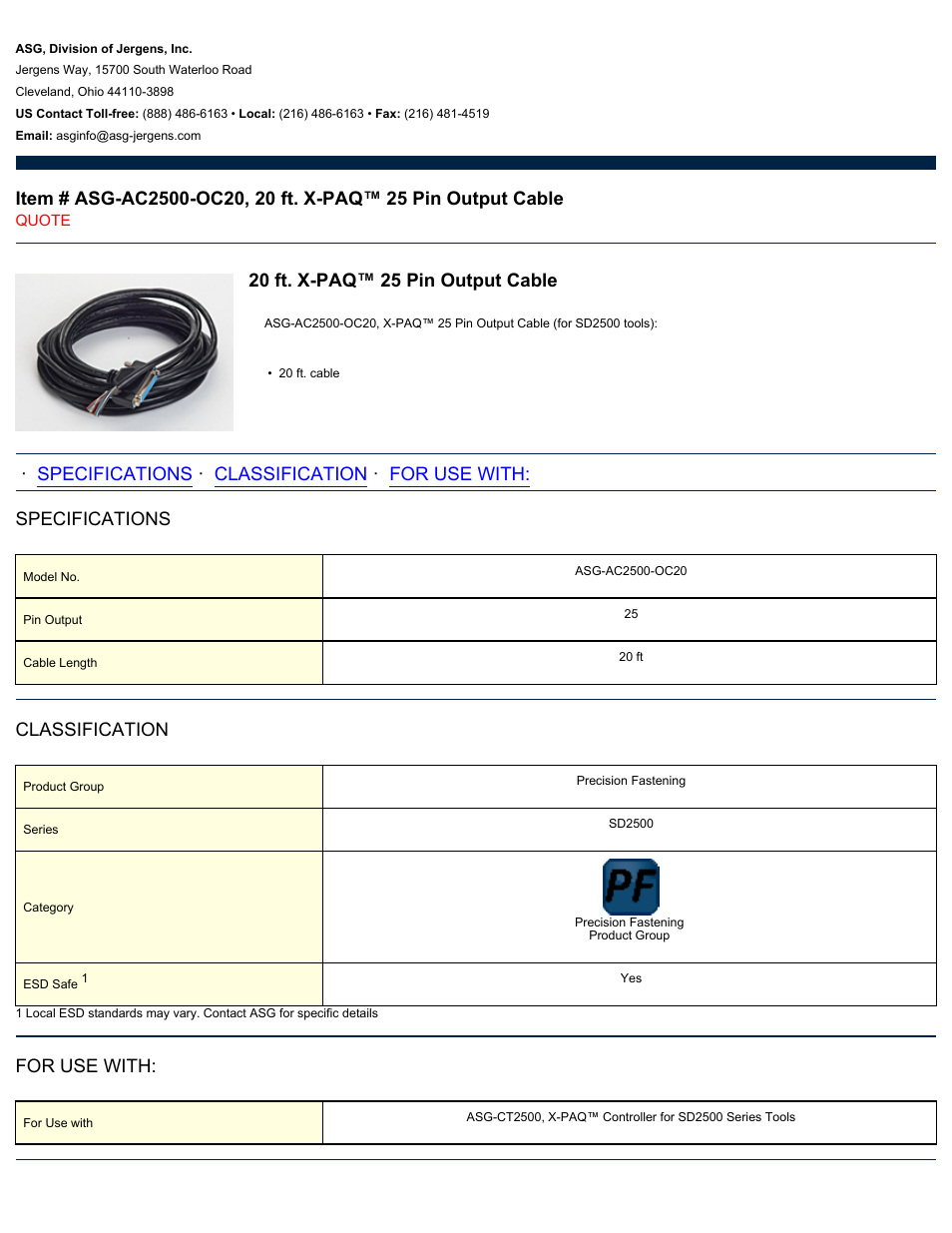 ASG Jergens ASG-AC2500-OC20 25 Pin Output Cable User Manual | 1 page