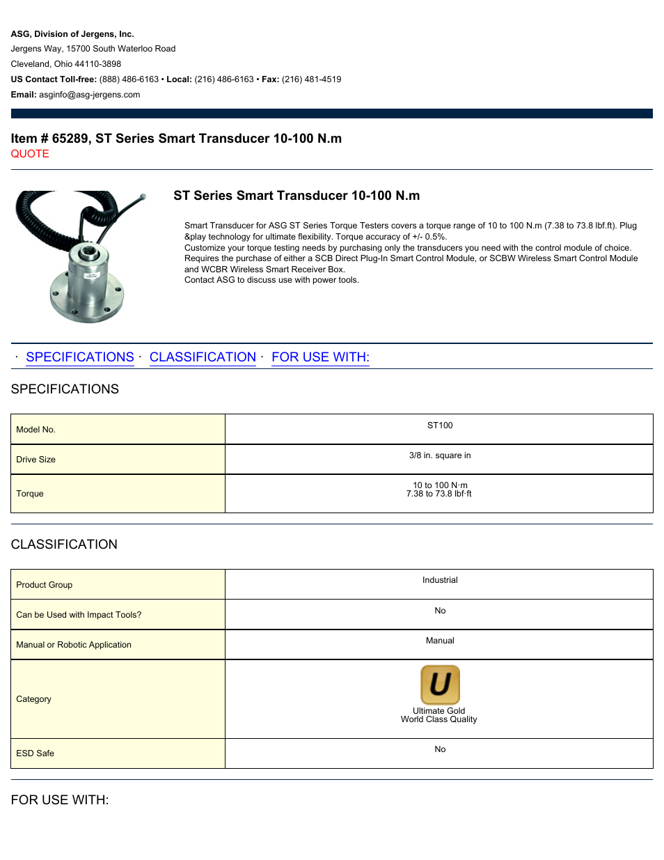 ASG Jergens 65289 ST Series Smart Transducer 10-100 N.m User Manual | 2 pages