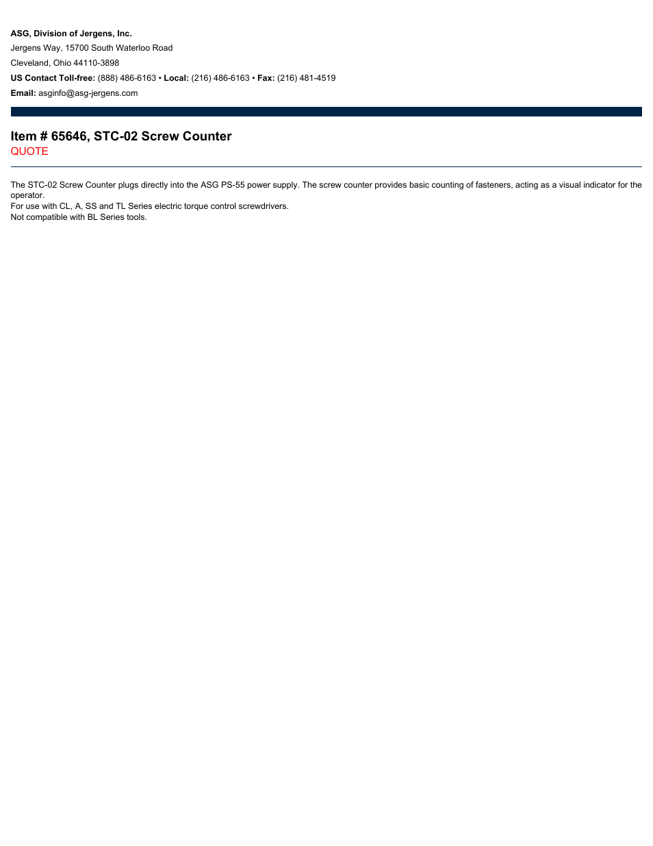 ASG Jergens 65646 STC-02 Screw Counter User Manual | 1 page