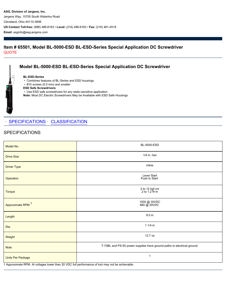 ASG Jergens 65501 BL-5000-ESD User Manual | 2 pages